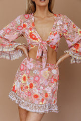 Island Girl Long Sleeve Tied Crop Top Floral Pink