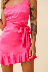 Don't Wait Up One Shoulder Waist Tie Dress Hot Pink