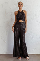 Anything Goes Draped Sequin Crop Top Black