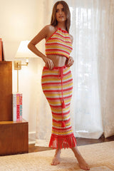 Soul Sister Fringe Hem Crochet Midi Skirt Red